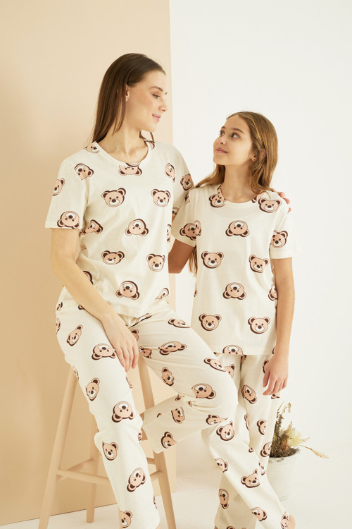 ekru ayıcık desenli Pamuklu Bisiklet Yaka Örme Pijama Takım25107141