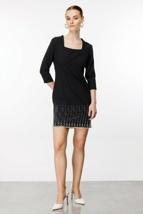 MODAİLGİ İnci Detaylı Kare Yaka Mini Elbise 6561