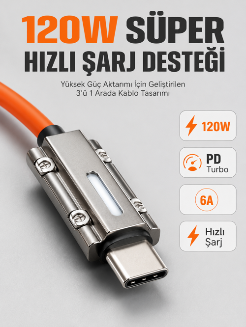 uygun LED Göstergeli 120W PD Turbo Destekli Premium 3'ü 1 Arada Şarj Kablosu popüler