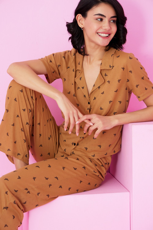 kahve kelebek desenli Pointel Ajurlu/Delikli Gömlek Yaka Örme Düğmeli Pijama Takım