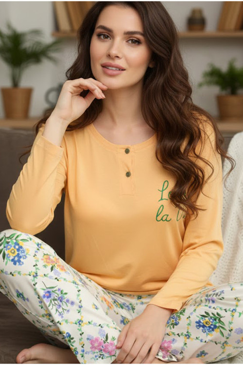 sarı desenli Düğmeli Örme Pamuklu Pijama Takım25240206