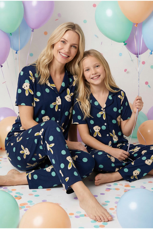 Lacivert Tavşan Desenli Pamuklu Düğmeli Örme Pijama Takım