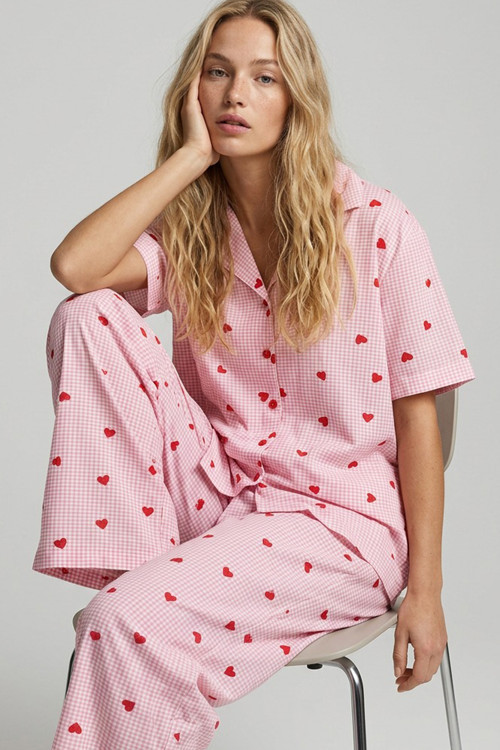 pembe ekose kalp desenli İnce Soft Örme Mevsimlik Düğmeli Pijama Takımı 8002