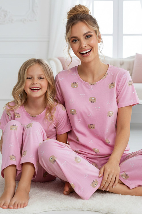 pembe desenli Pamuklu Bisiklet Yaka Örme Pijama Takım
