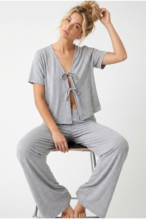 gri Bağlamalı Örme Pijama Takım7889