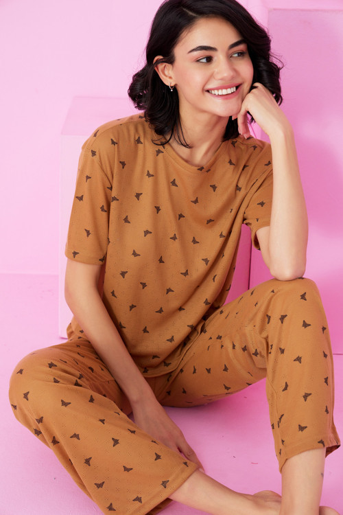 kahve kelebek desenli Pointel Ajurlu/Delikli Bisiklet Yaka Örme Pijama Takım