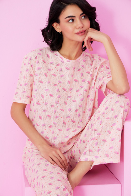 somon çiçek desenli Pointel Ajurlu/Delikli Bisiklet Yaka Örme Pijama Takım