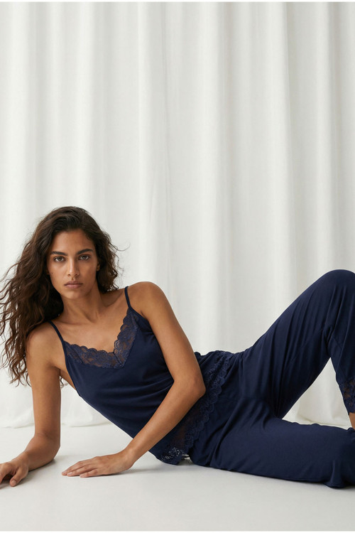 Lacivert Pamuklu Ip Askılı Dantelli Pijama Takım