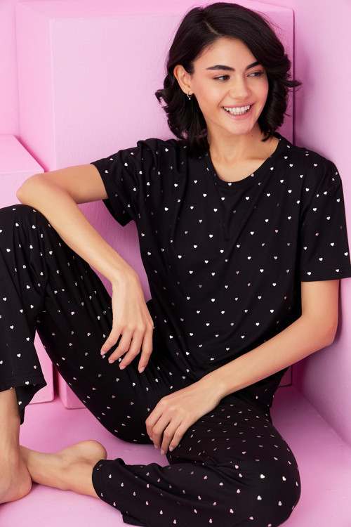 siyah kalp Varak Baskılı Örme Pijama Takım7845