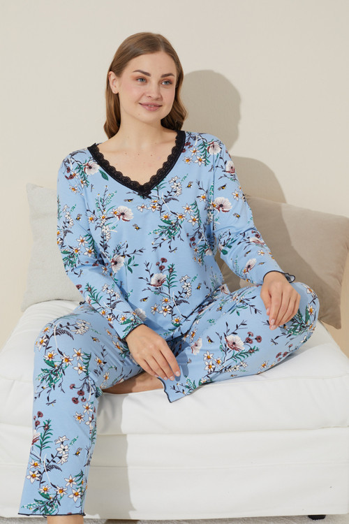 mavi çiçek desenli Pamuklu Curve Büyük Beden Battal Boy Örme Pijama Takım 24240622