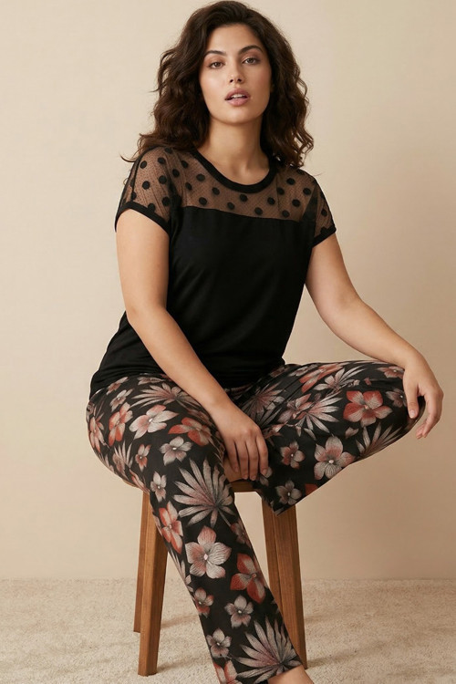 siyah yaprak desenli Tül Detaylı Büyük Beden Battal Boy Viskon Örme Pijama Takım