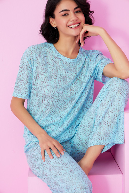 mavi kahve çiçek desenli Pointel Ajurlu/Delikli Bisiklet Yaka Örme Pijama Takım