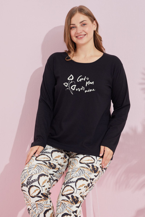 siyah çokrenkli Pamuklu Curve Büyük Beden Battal Boy Örme Pijama Takım24240744