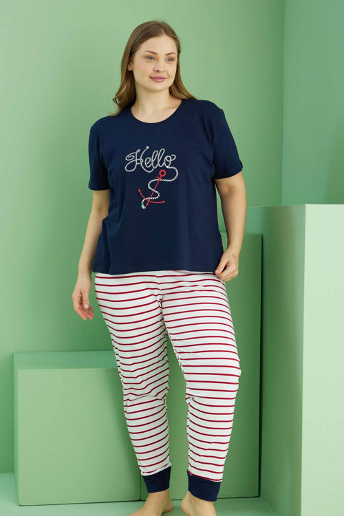 lacivert desenli Curve Büyük Beden Battal Boy Pamuklu Pijama Takım25113815