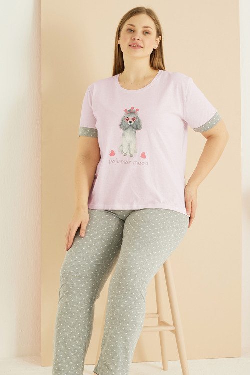 pembe desenli Curve Büyük Beden Battal Boy Pamuklu Pijama Takım25103772