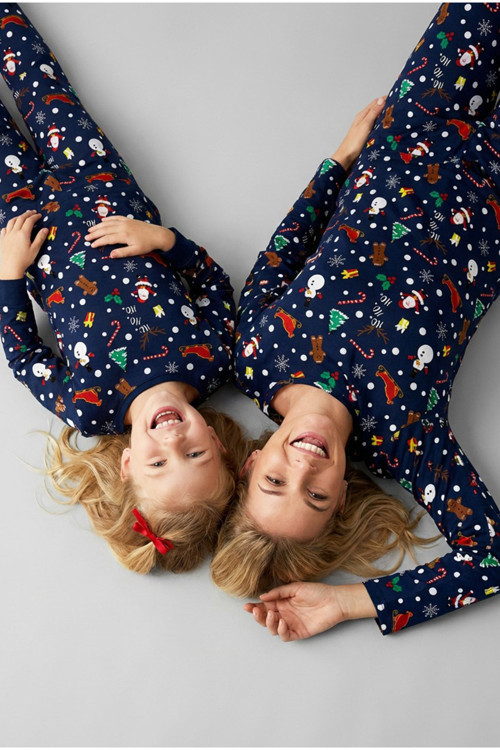 lacivert %100 Pamuklu kardanadam desenli yılbaşı temalı Örme Pijama Takım