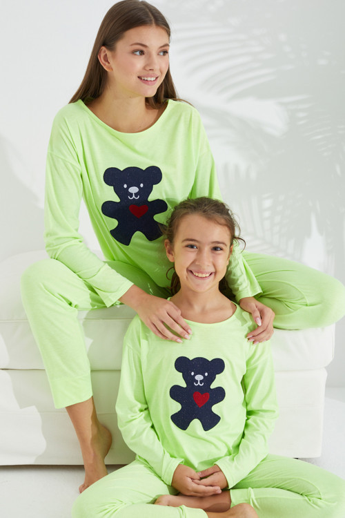 neon yeşil Pamuklu Likralı Örme Pijama Takım
