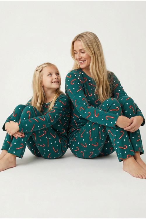 yeşil %100 Pamuklu şeker baston desenli yılbaşı temalı Örme Pijama Takım