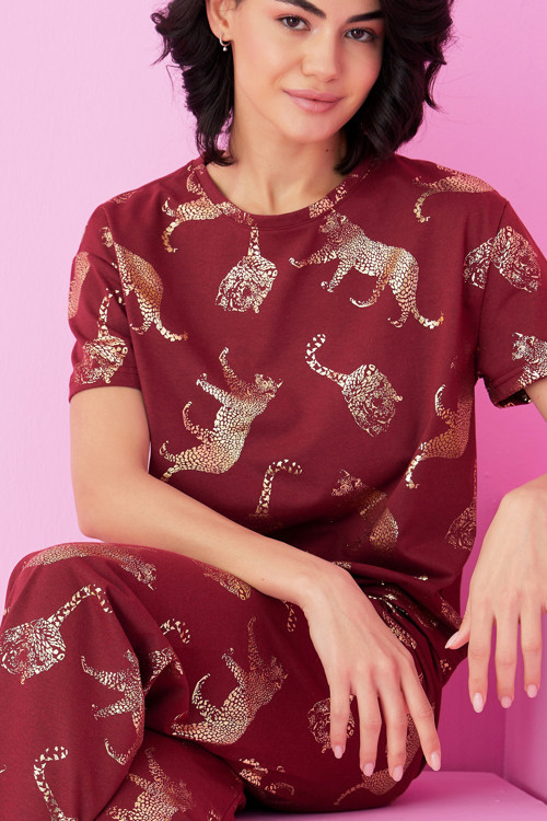 bordo kaplan Varak Baskılı Örme Pijama Takım7845
