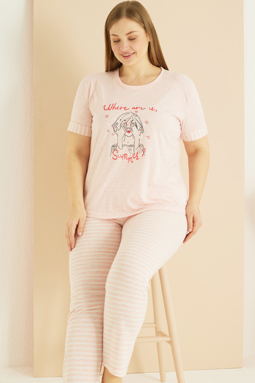 pembe beyaz çizgi desenli Curve Büyük Beden Battal Boy Pamuklu Pijama Takım25103755
