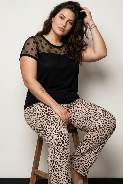 siyah beyaz leopar desenli Tül Detaylı Büyük Beden Battal Boy Viskon Örme Pijama Takım