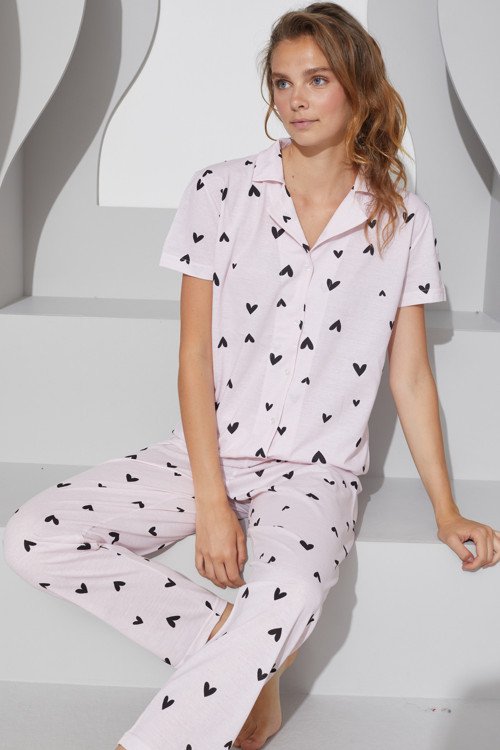 pembe siyah kalp desenli Örme Düğmeli Pijama Takım
