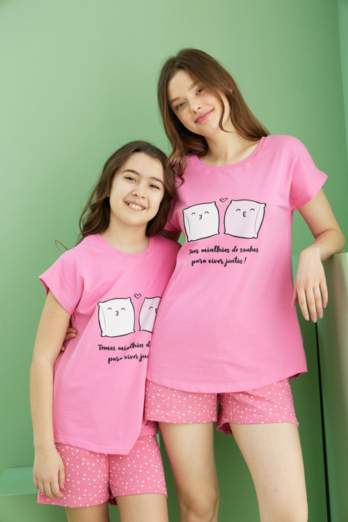 pembe desenli Pamuklu Bisiklet Yaka Örme Şort Takım25115036