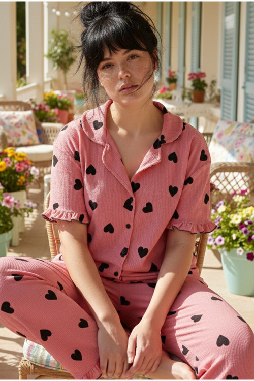 pembe kalp desenli Bürümcük-Krınkıl Büyük Beden Düğmeli Pijama Takım26120826