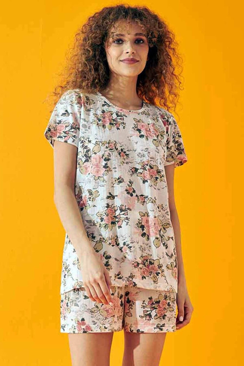 Somon Çiçek Desen Soft Touch Ince Örme Şort Takım