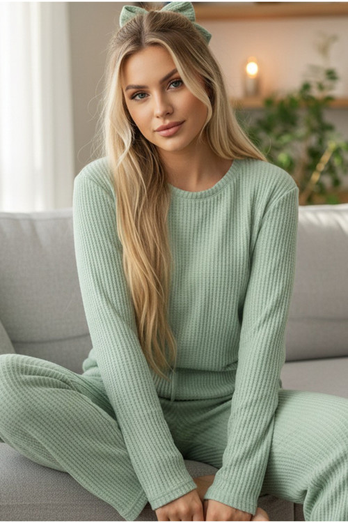 yeşil bisiklet yaka Yumuşak Kışlık Waffle Örme Pijama Takım