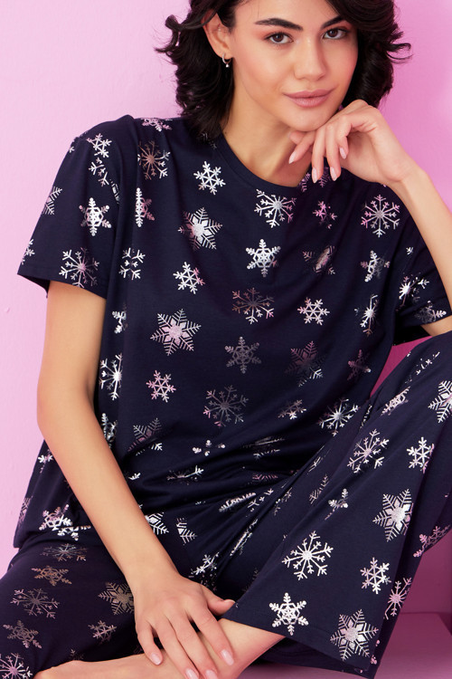 lacivert kar tanesi Varak Baskılı Örme Pijama Takım7845