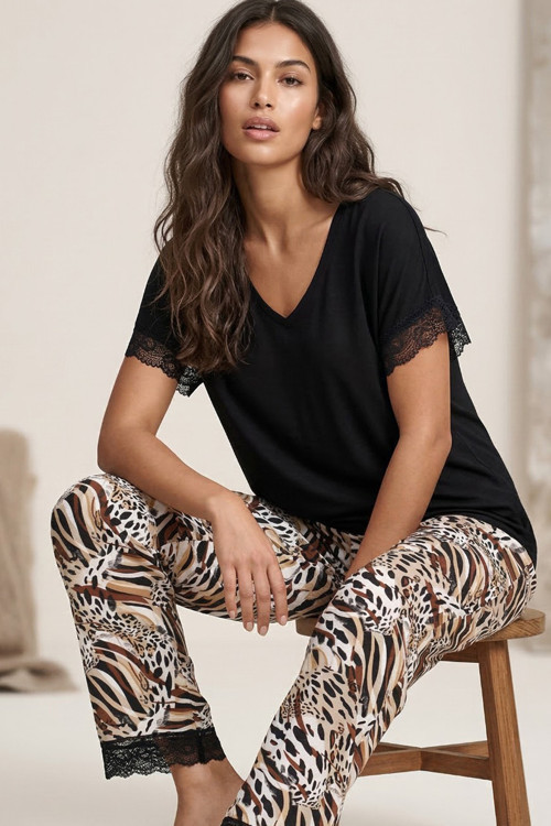 siyah leopar desenli dantel Detaylı Viskon Örme Pijama Takım26120770