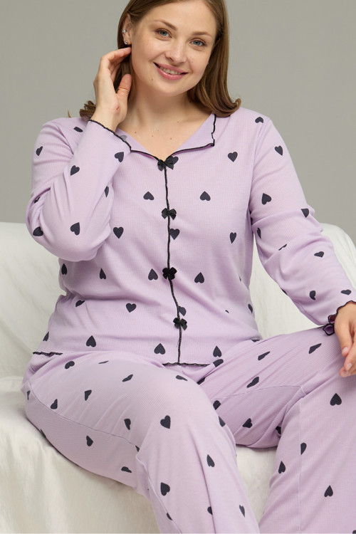 lila desenli Büyük Beden Battal Pamuklu Fiyonklu Fitilli Örme Pijama Takım25228001-9