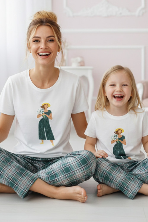 ekru desenli Pamuklu Bisiklet Yaka Örme Pijama Takım