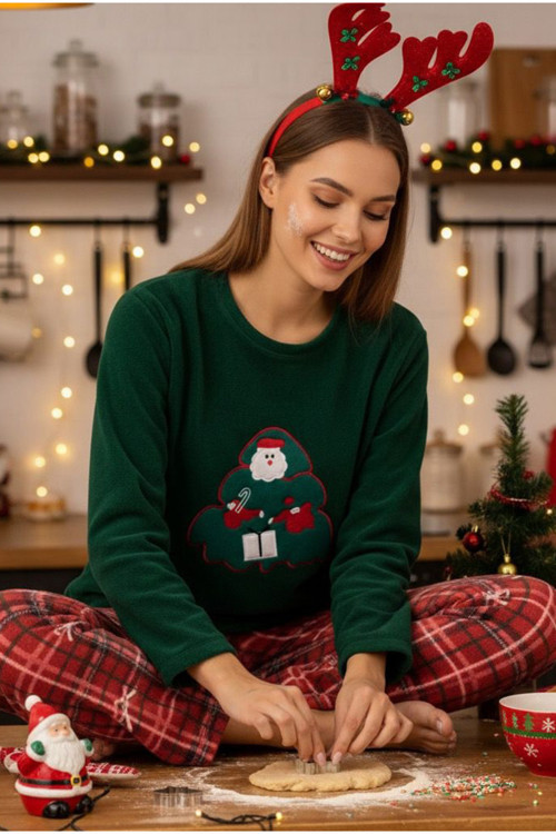 yeşil yılbaşı temalı Nakışlı Ekoseli Polar Kışlık Örme Pijama Takım