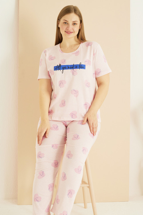 pembe desenli Curve Büyük Beden Battal Boy Pamuklu Pijama Takım25103738