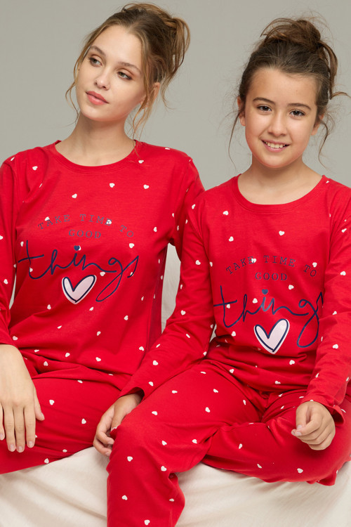 kırmızı kalp desenli Pamuklu Bisiklet Yaka Örme Pijama Takım25241158
