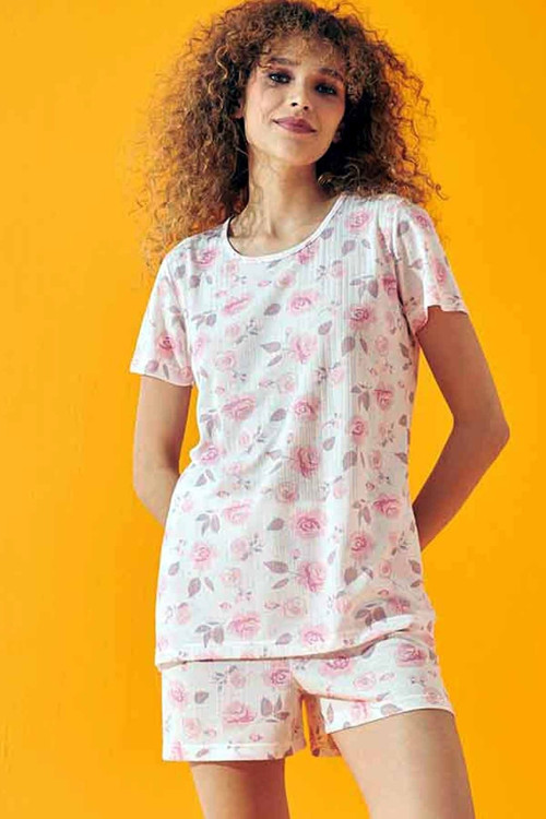 Pembe Çiçek Desen Soft Touch Ince Örme Şort Takım