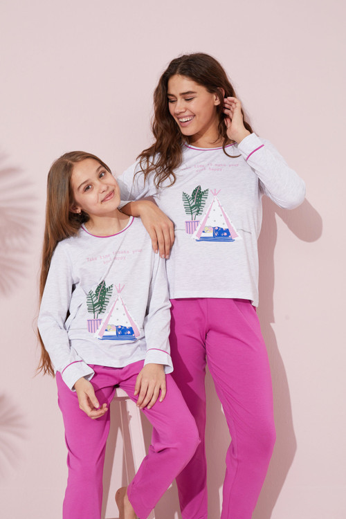 gri baskılı Pamuklu Örme Pijama Takım 24241087