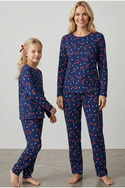 lacivert %100 Pamuklu şeker baston desenli yılbaşı temalı Örme Pijama Takım