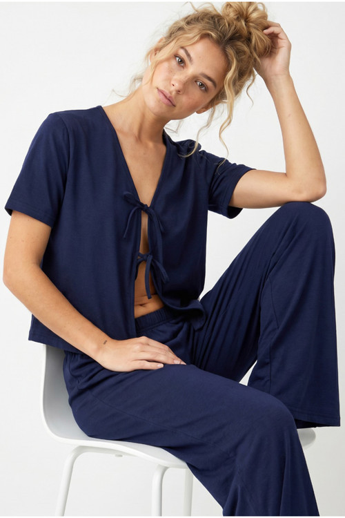 lacivert Bağlamalı Örme Pijama Takım7889