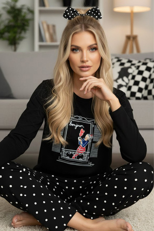 siyah puan desenli Örme Pamuklu Pijama Takım25240271