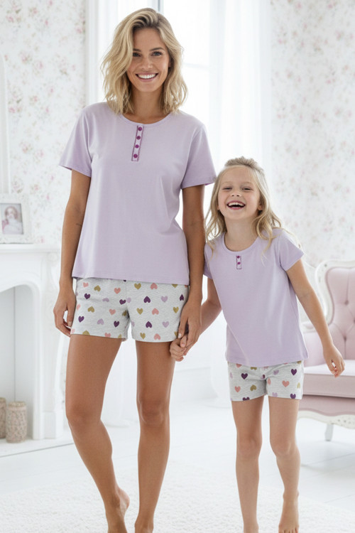 lila desenli Pamuklu Bisiklet Yaka Örme Şortlu Pijama Takım