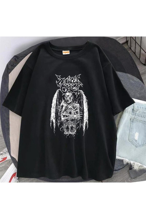 Gothic Devil Baskılı Siyah Unisex Oversize T-shirt