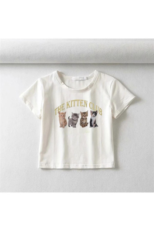 The Kitten Club Baskılı Beyaz Crop