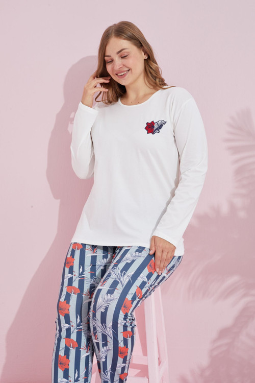 ekru çokrenkli Pamuklu Curve Büyük Beden Battal Boy Örme Pijama Takım24240742
