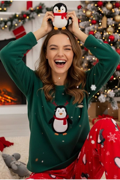 yeşil penguen Nakışlı Desenli Polar Kışlık Örme Pijama Takım