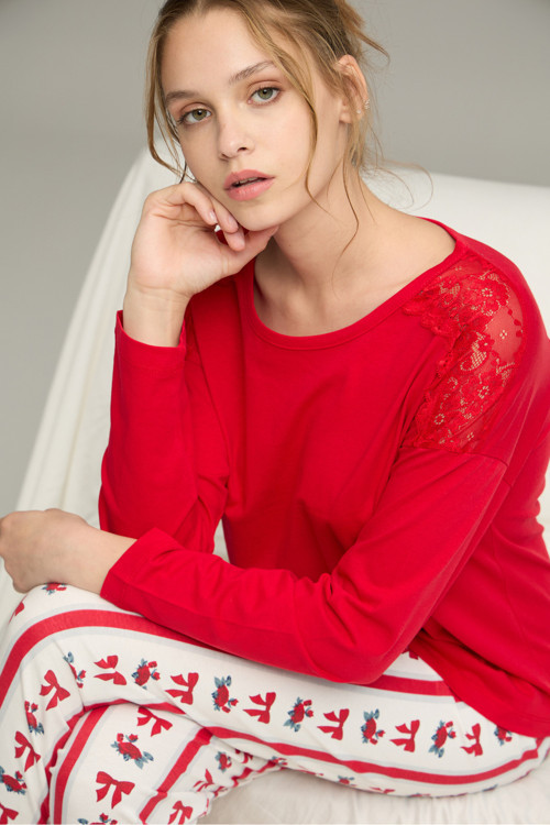 kırmızı kurdele desenli Dantel Detaylı Örme Pamuklu Pijama Takım25240263