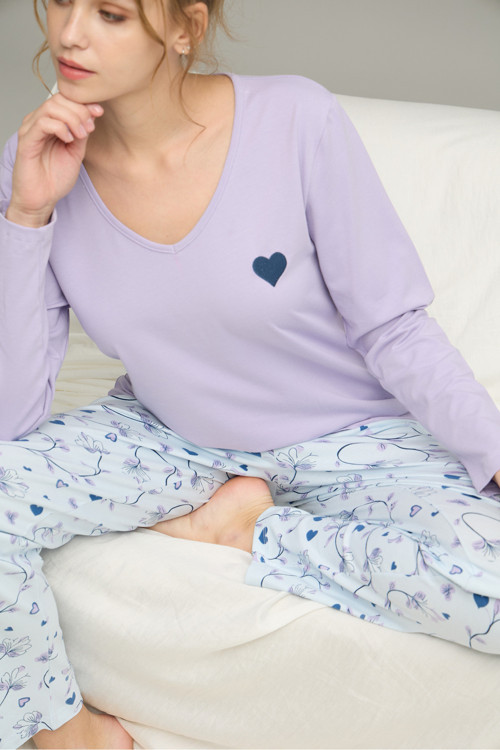 lila desenli Örme Pamuklu Pijama Takım25240200