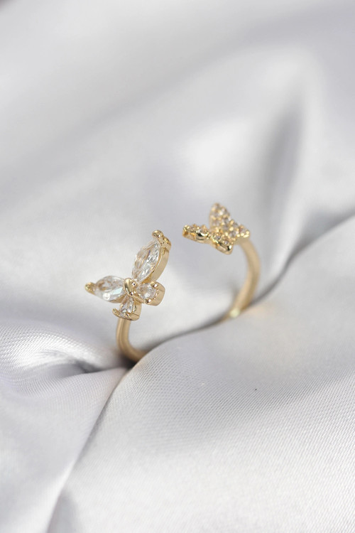 Kelebek Model Zirkon Taşlı Gold Renk Kadın Yüzük 5886